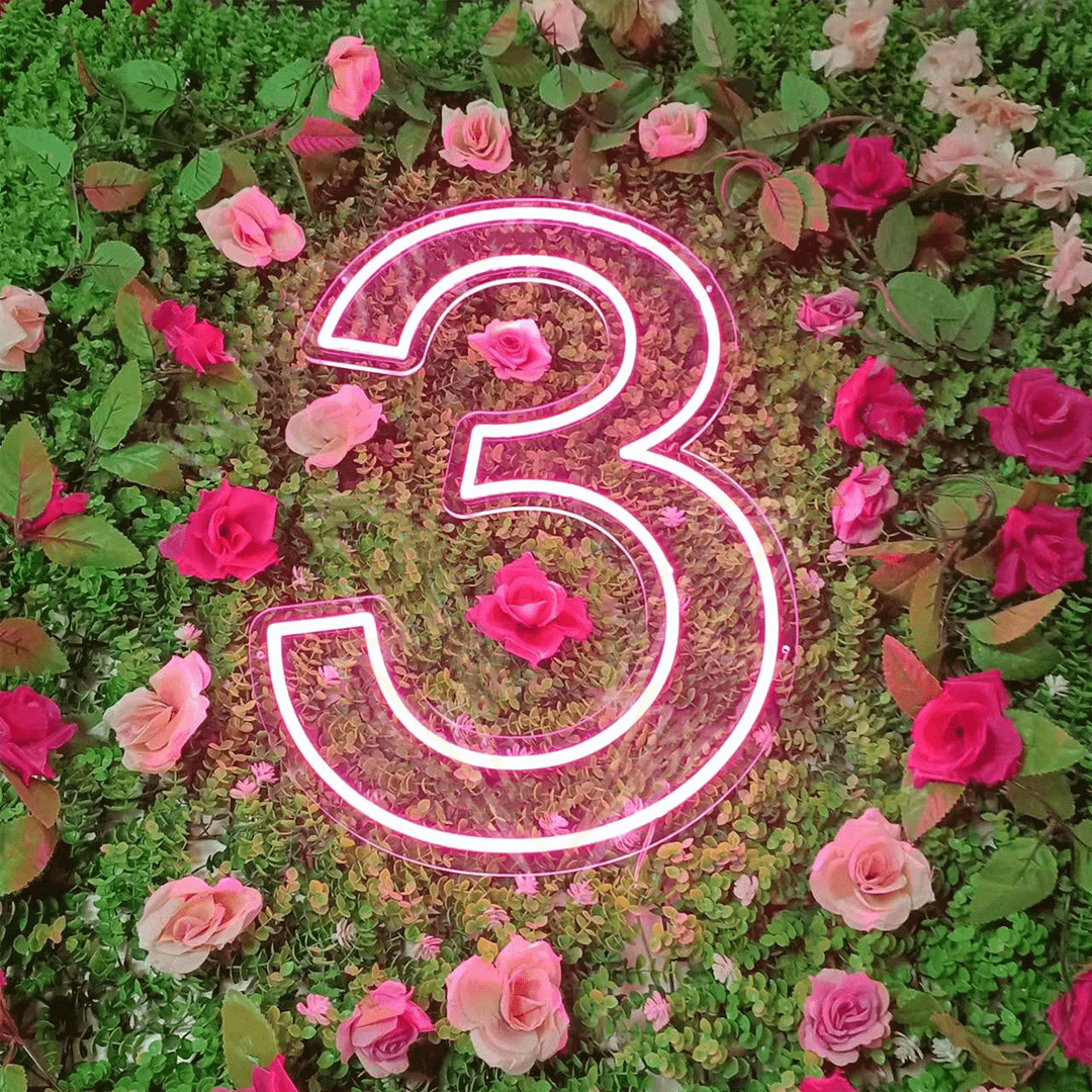 Insegna Neon Led personalizzata per compleanno o anniversario di matrimonio rappresentante il numero "3"
