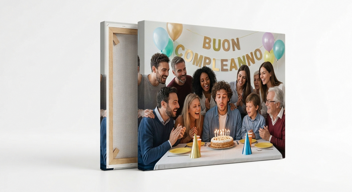 Foto su tela compleanno con cornice in legno - quadro ricordo festa Oparty